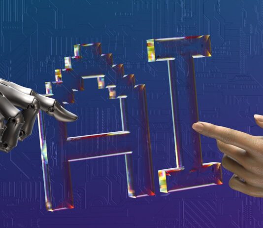 “내 손안의 건강 비서”…AI 기반 건강 관리, 일상에 자리 잡는다 robot and human hands reaching toward ai text