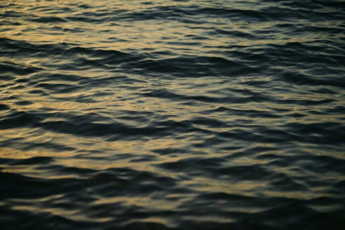 Rippling dark water reflecting golden hour light
